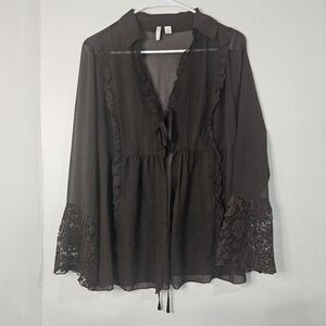 90s Y2K Sheer Chocolate Brown Cardigan Top With Ruffles & Lace Bell Sleeves Sz M